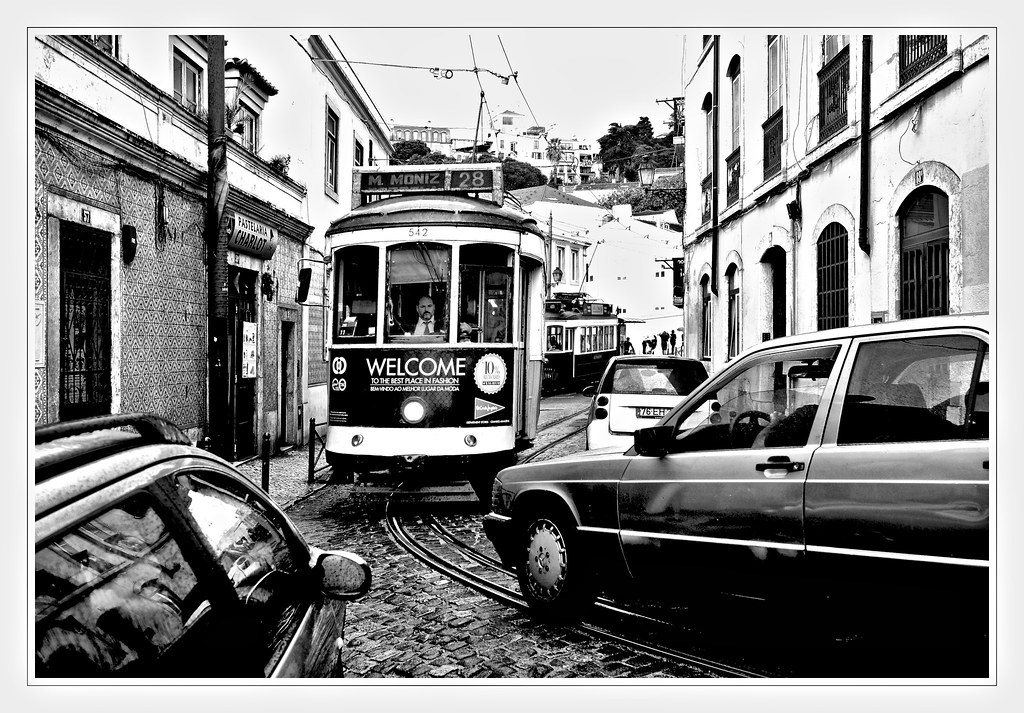 Lisbon-B&W-Tram-in-Jam