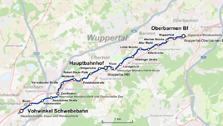 map of the Wupperl Valley and city;13 km route